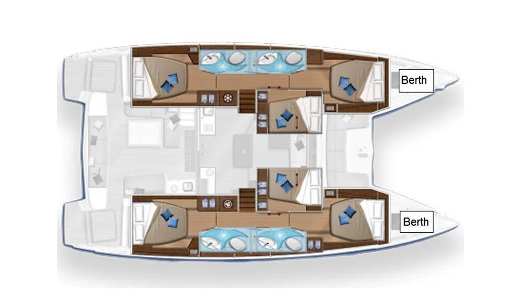 Lagoon 50 six-cabin floor plan layout (5 guest cabins, 4 bathrooms)